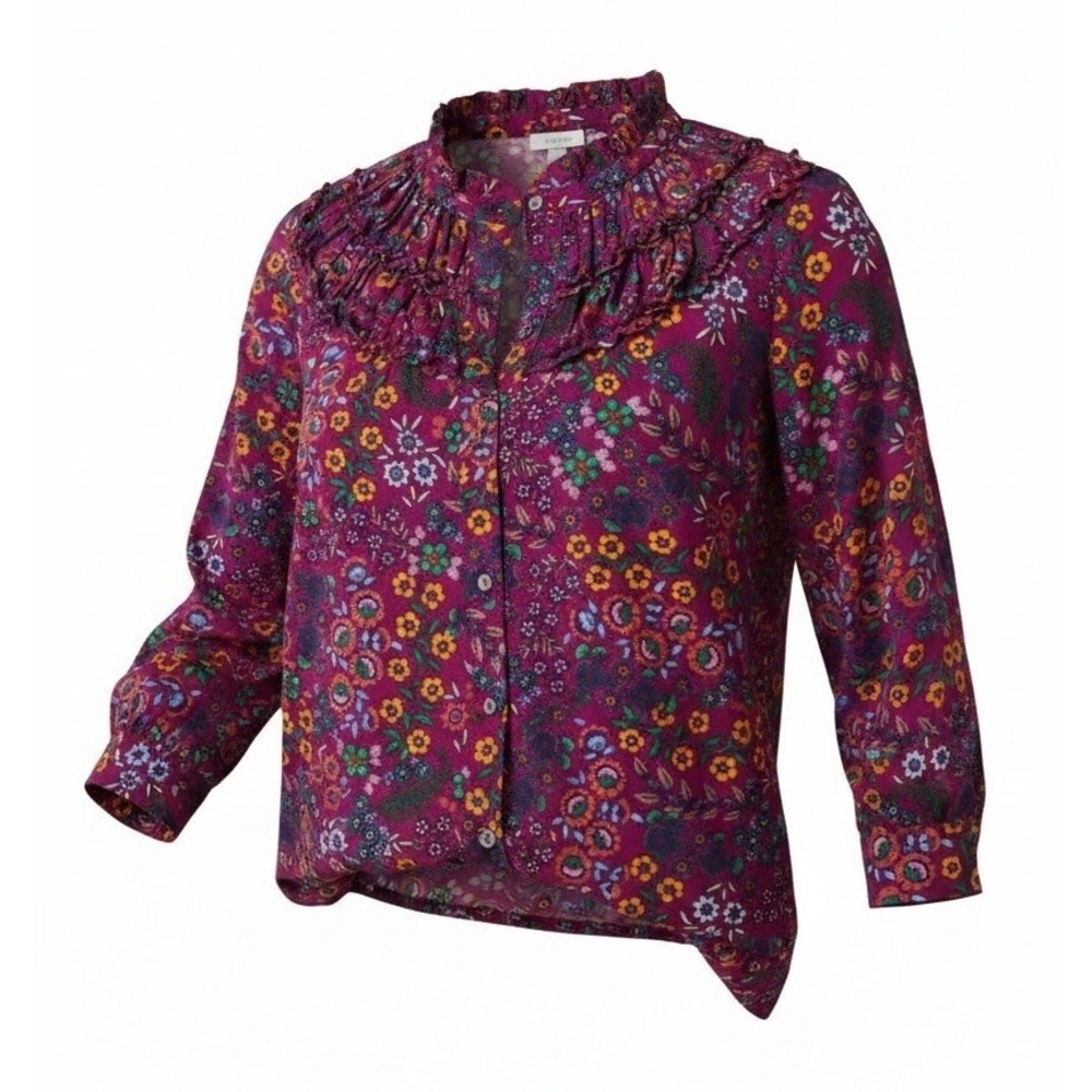 Talbots Purple Floral Ruffle Shirred Neck Button Up Long Sleeve Peasant Shirt L